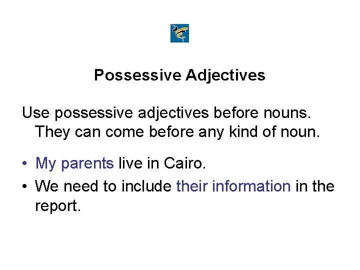 Possessive Adjectives Use possessive adjectives before nouns. They can come before any kind of