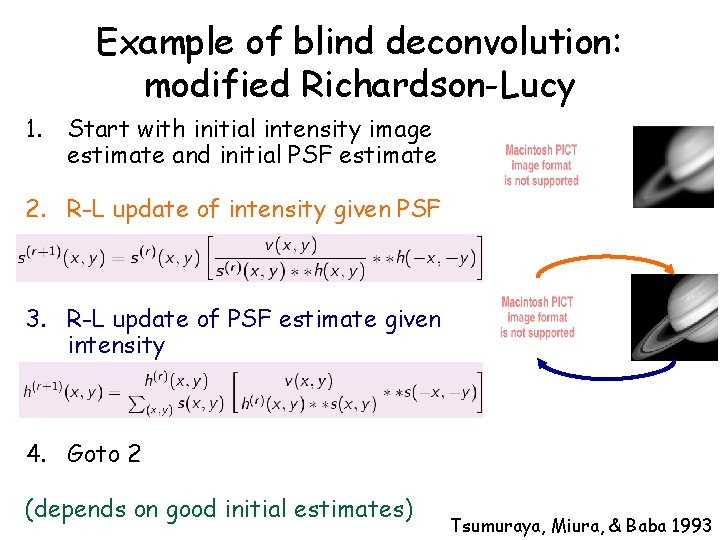 Example of blind deconvolution: modified Richardson-Lucy 1. Start with initial intensity image estimate and