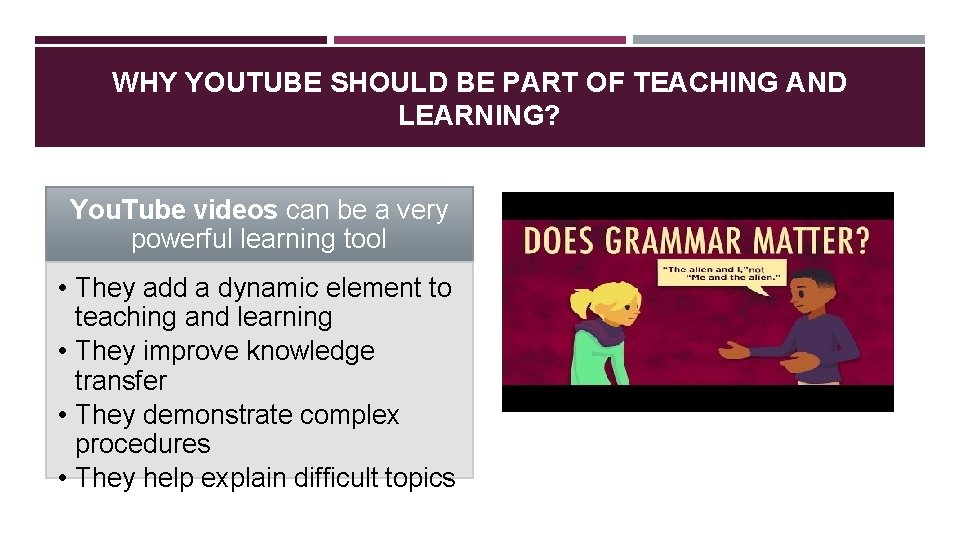 WHY YOUTUBE SHOULD BE PART OF TEACHING AND LEARNING? You. Tube videos can be