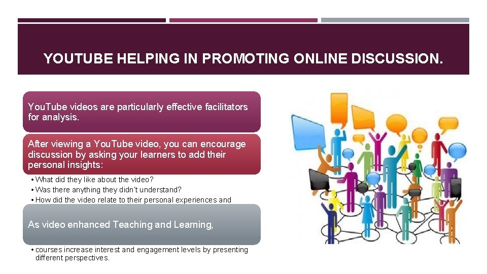 YOUTUBE HELPING IN PROMOTING ONLINE DISCUSSION. You. Tube videos are particularly effective facilitators for