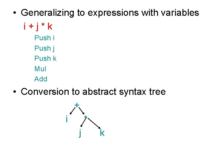  • Generalizing to expressions with variables i+j*k Push i Push j Push k