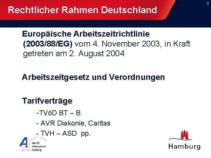 Rechtlicher Rahmen Deutschland Europäische Arbeitszeitrichtlinie (2003/88/EG) vom 4. November 2003, in Kraft getreten am