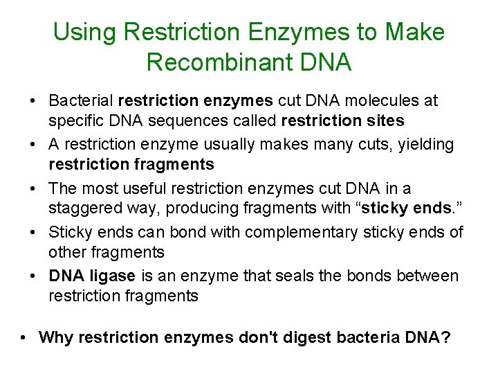 Using Restriction Enzymes to Make Recombinant DNA • Bacterial restriction enzymes cut DNA molecules