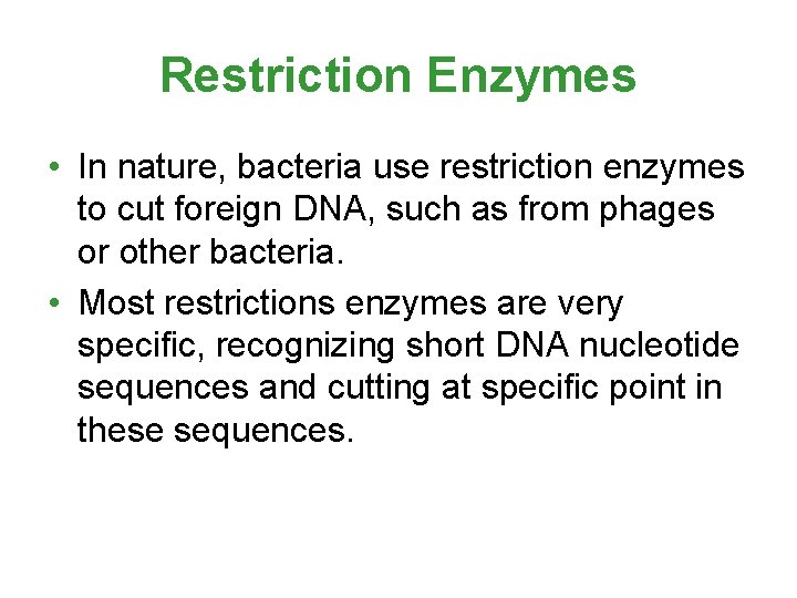Restriction Enzymes • In nature, bacteria use restriction enzymes to cut foreign DNA, such Restriction Enzymes • In nature, bacteria use restriction enzymes to cut foreign DNA, such