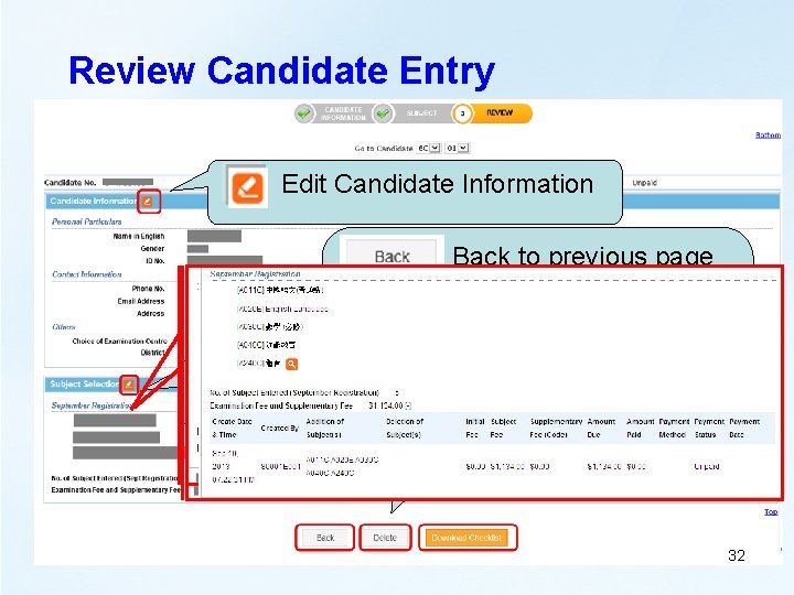 Review Candidate Entry Edit Candidate Information Back to previous page Delete entry Edit Subject