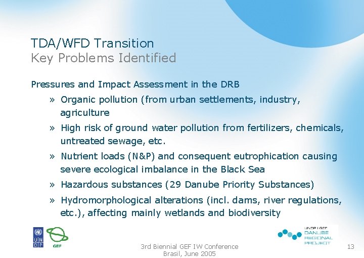 TDA/WFD Transition Key Problems Identified Pressures and Impact Assessment in the DRB » Organic
