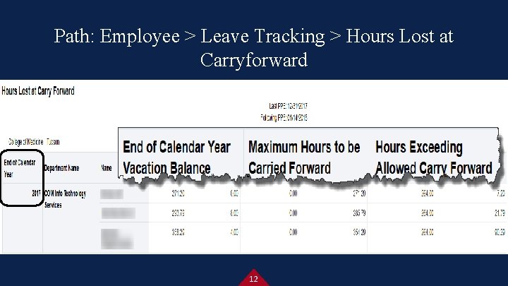 Path: Employee > Leave Tracking > Hours Lost at Carryforward 12 Path: Employee > Leave Tracking > Hours Lost at Carryforward 12