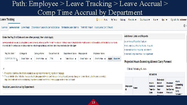 Path: Employee > Leave Tracking > Leave Accrual > Comp Time Accrual by Department