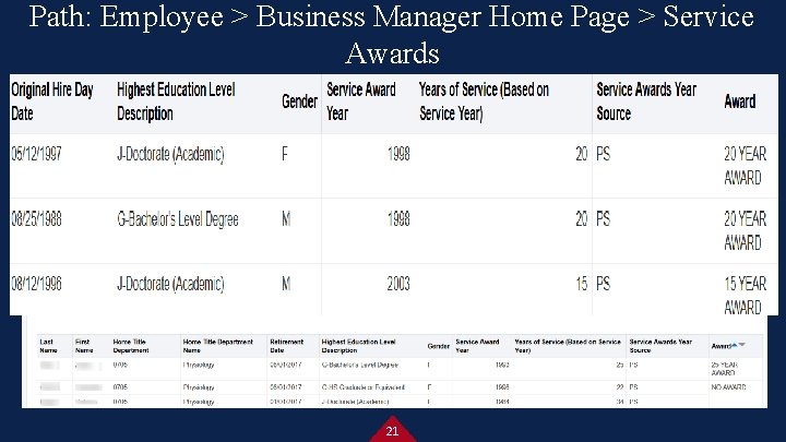 Path: Employee > Business Manager Home Page > Service Awards 21 