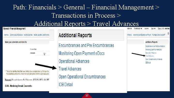 Path: Financials > General – Financial Management > Transactions in Process > Additional Reports