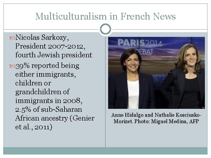 Multiculturalism in French News Nicolas Sarkozy, President 2007 -2012, fourth Jewish president 39% reported