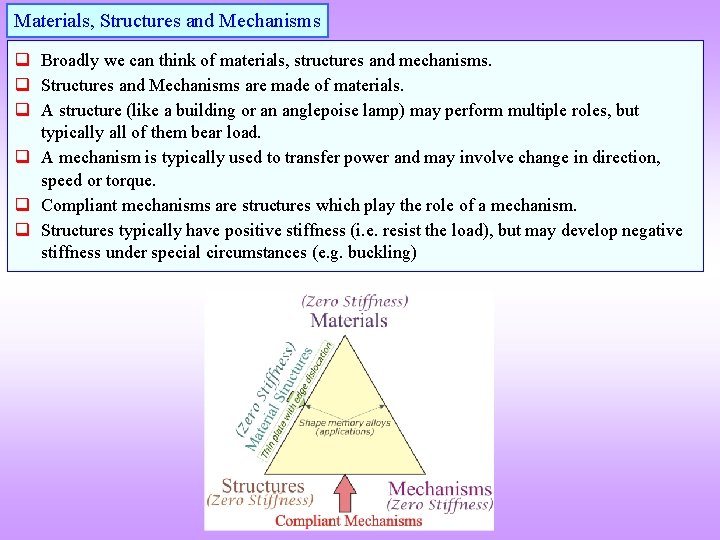 Materials, Structures and Mechanisms q Broadly we can think of materials, structures and mechanisms.
