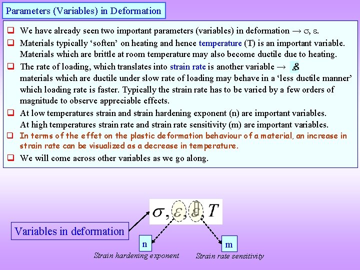 Parameters (Variables) in Deformation q We have already seen two important parameters (variables) in