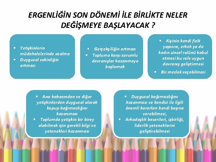 ERGENLİĞİN SON DÖNEMİ İLE BİRLİKTE NELER DEĞİŞMEYE BAŞLAYACAK ? § Yetişkinlerin müdahalelerinde azalma §