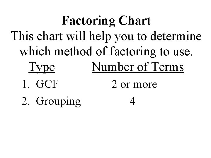 Factoring Chart This chart will help you to determine which method of factoring to