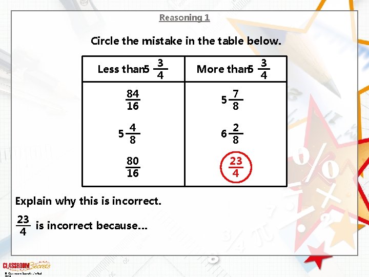 Reasoning 1 Circle the mistake in the table below. Less than 5 5 3