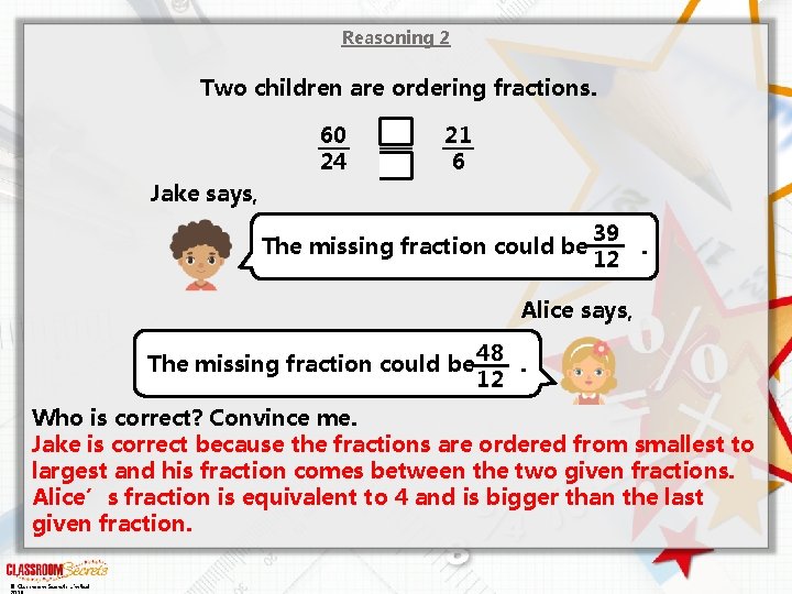 Reasoning 2 Two children are ordering fractions. 60 24 21 6 Jake says, The