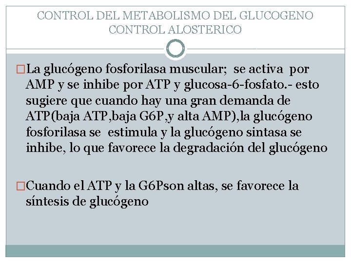 CONTROL DEL METABOLISMO DEL GLUCOGENO CONTROL ALOSTERICO �La glucógeno fosforilasa muscular; se activa por