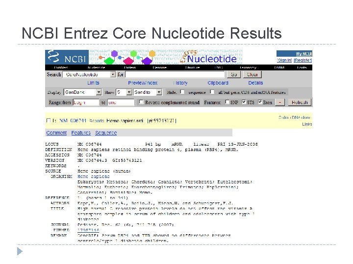 NCBI Entrez Core Nucleotide Results 