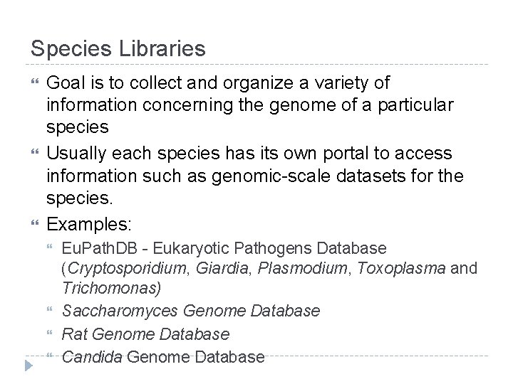 Species Libraries Goal is to collect and organize a variety of information concerning the