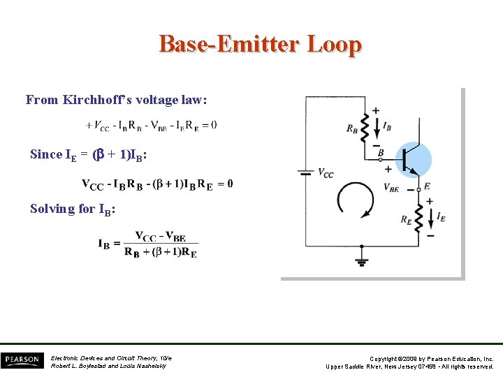 Base-Emitter Loop From Kirchhoff’s voltage law: Since IE = ( + 1)IB: Solving for