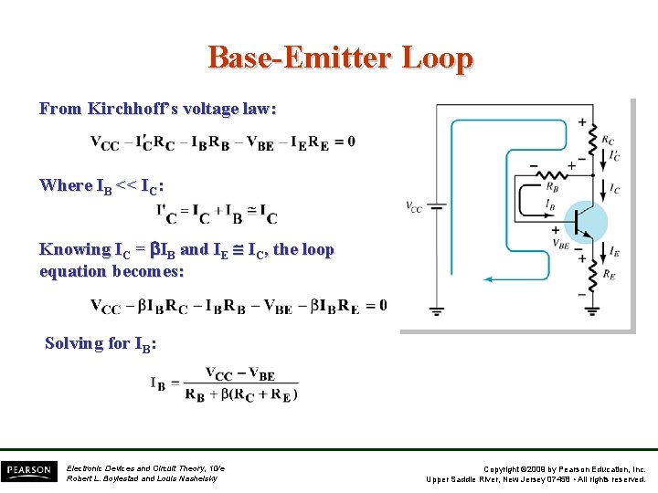 Base-Emitter Loop From Kirchhoff’s voltage law: Where IB << IC: Knowing IC = IB