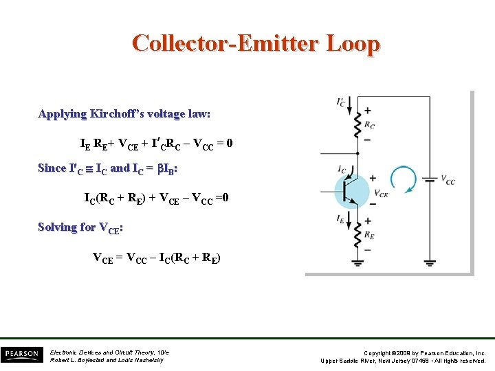Collector-Emitter Loop Applying Kirchoff’s voltage law: IE RE+ VCE + I’CRC – VCC =