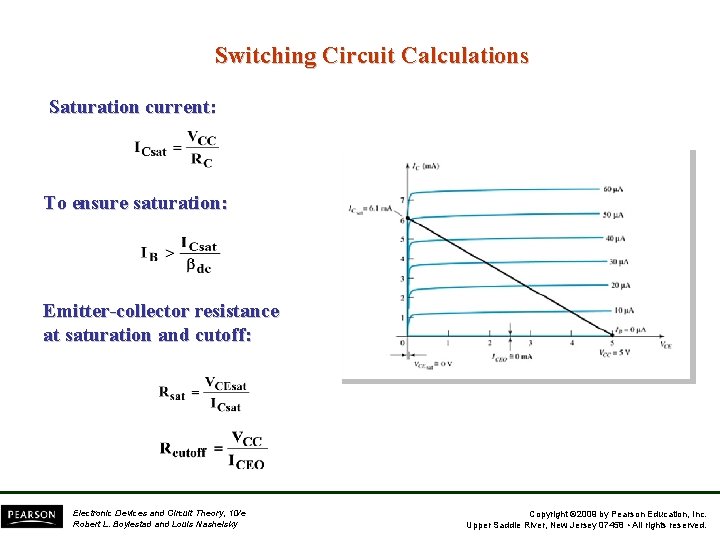 Switching Circuit Calculations Saturation current: To ensure saturation: Emitter-collector resistance at saturation and cutoff: