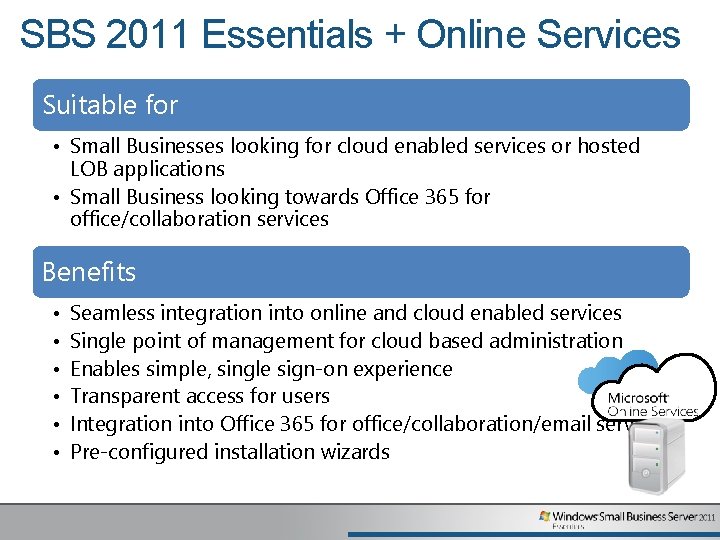 SBS 2011 Essentials + Online Services Suitable for • Small Businesses looking for cloud