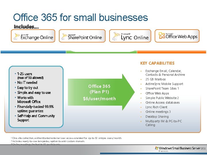 Office 365 for small businesses KEY CAPABILITIES § • 1 -25 users (max of