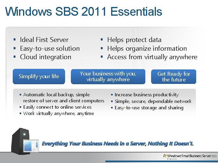 Windows SBS 2011 Essentials § Ideal First Server § Easy-to-use solution § Cloud integration