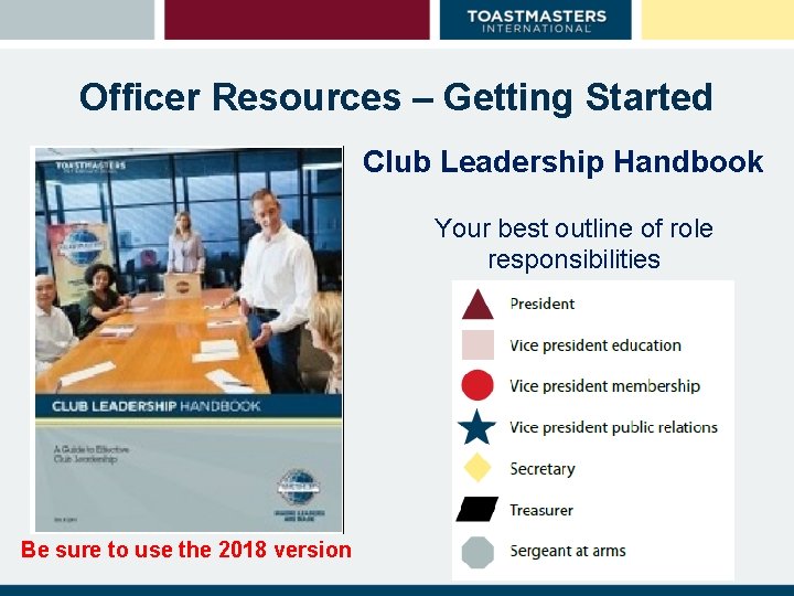 Officer Resources – Getting Started Club Leadership Handbook Your best outline of role responsibilities