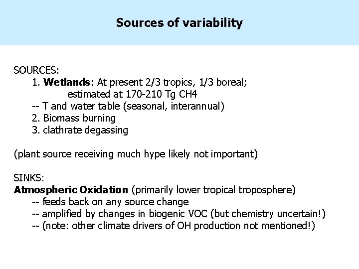 Sources of variability SOURCES: 1. Wetlands: At present 2/3 tropics, 1/3 boreal; estimated at