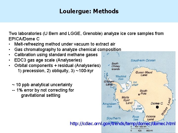 Loulergue: Methods Two laboratories (U Bern and LGGE, Grenoble) analyze ice core samples from