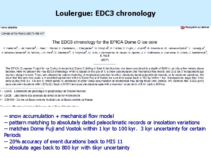 Loulergue: EDC 3 chronology -- snow accumulation + mechanical flow model -- pattern matching