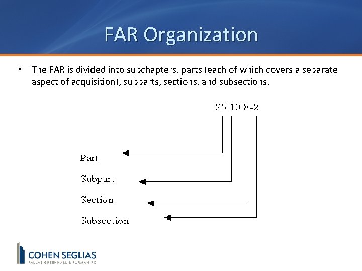 FAR Organization • The FAR is divided into subchapters, parts (each of which covers