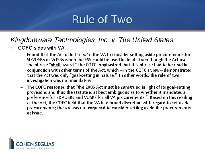 Rule of Two Kingdomware Technologies, Inc. v. The United States • COFC sides with