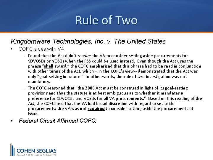 Rule of Two Kingdomware Technologies, Inc. v. The United States • COFC sides with