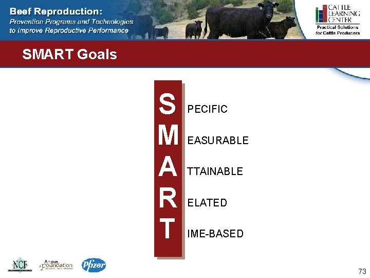 SMART Goals S M A R T PECIFIC EASURABLE TTAINABLE ELATED IME-BASED 73 