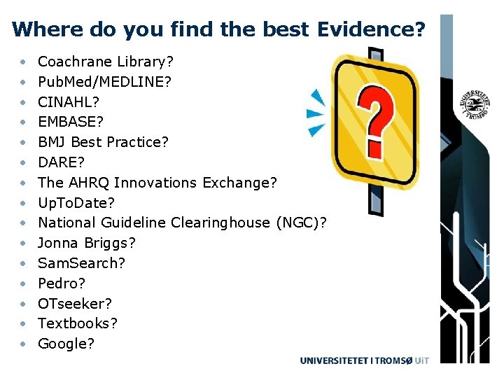 Where do you find the best Evidence? • • • • Coachrane Library? Pub.