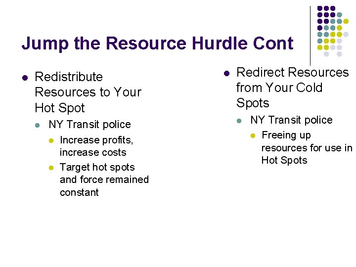 Jump the Resource Hurdle Cont l Redistribute Resources to Your Hot Spot l NY