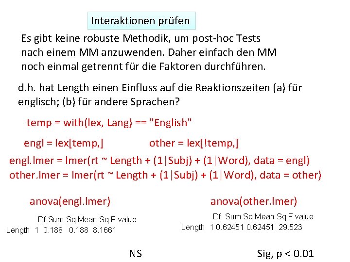 Interaktionen prüfen Es gibt keine robuste Methodik, um post-hoc Tests nach einem MM anzuwenden.