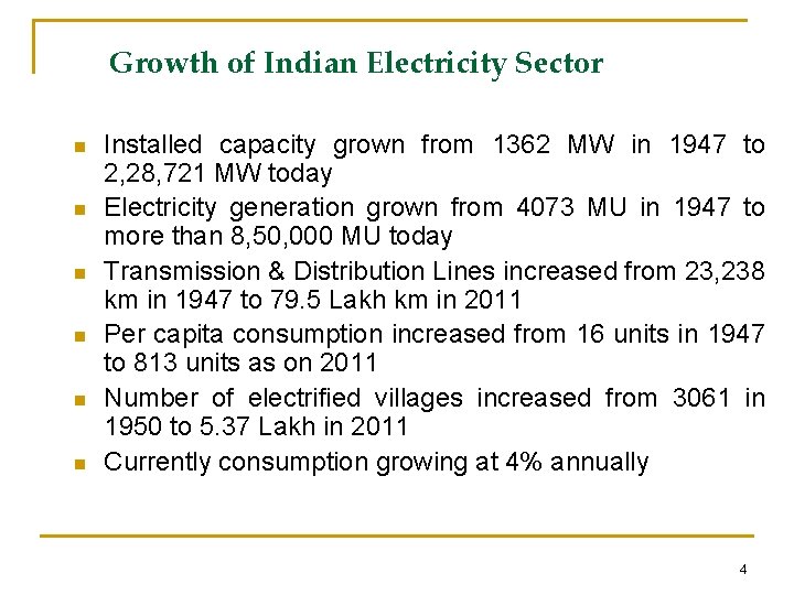 Growth of Indian Electricity Sector n n n Installed capacity grown from 1362 MW