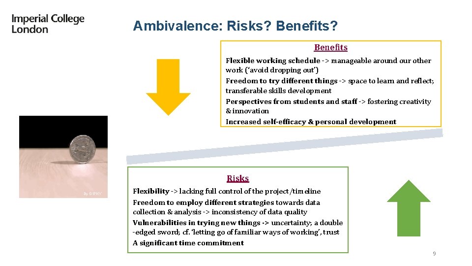 Ambivalence: Risks? Benefits Flexible working schedule -> manageable around our other work (‘avoid dropping
