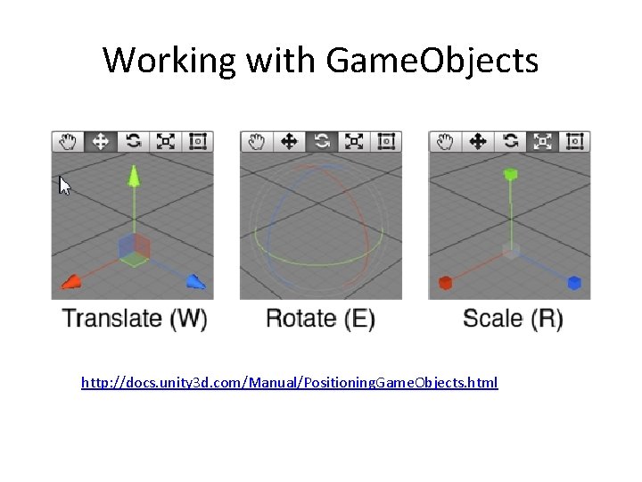 Working with Game. Objects http: //docs. unity 3 d. com/Manual/Positioning. Game. Objects. html 