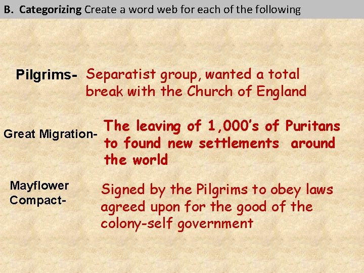 B. Categorizing Create a word web for each of the following Pilgrims- Separatist group,