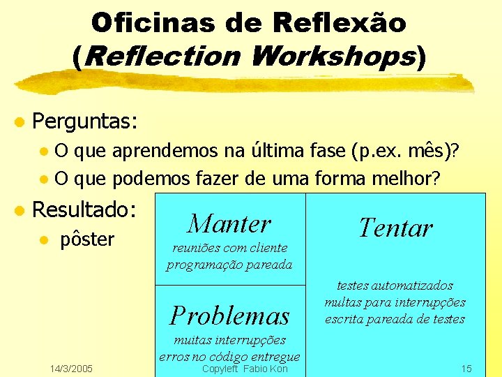 Oficinas de Reflexão (Reflection Workshops) l Perguntas: O que aprendemos na última fase (p.