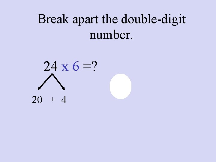 Break apart the double-digit number. 24 x 6 =? 20 + 4 