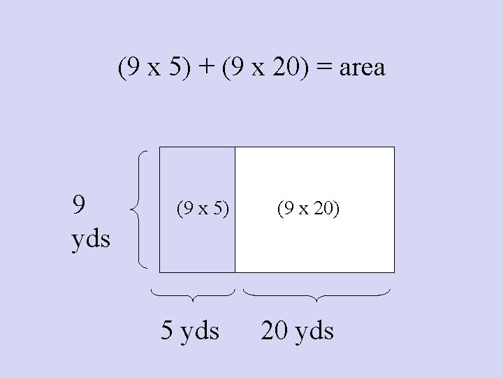 (9 x 5) + (9 x 20) = area 9 yds (9 x 5)