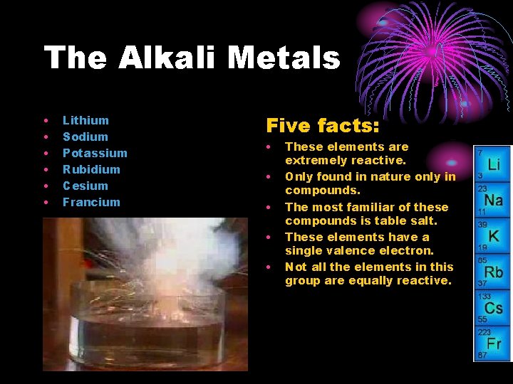 The Alkali Metals • • • Lithium Sodium Potassium Rubidium Cesium Francium Five facts: